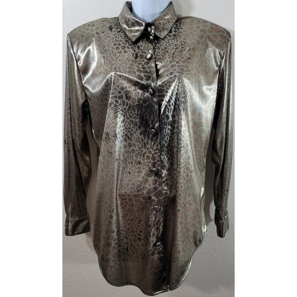 Vintage Connie Anderson Audio Gold Metallic Animal Print Button Up Top XS Soft
